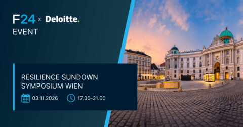 Event banner for the Resilience Sundown Symposium Wien by F24 and Deloitte, featuring Vienna’s Hofburg Palace at sunset. Join us on 03.11.2026, from 17:30–21:00, for this special evening of insights and networking.