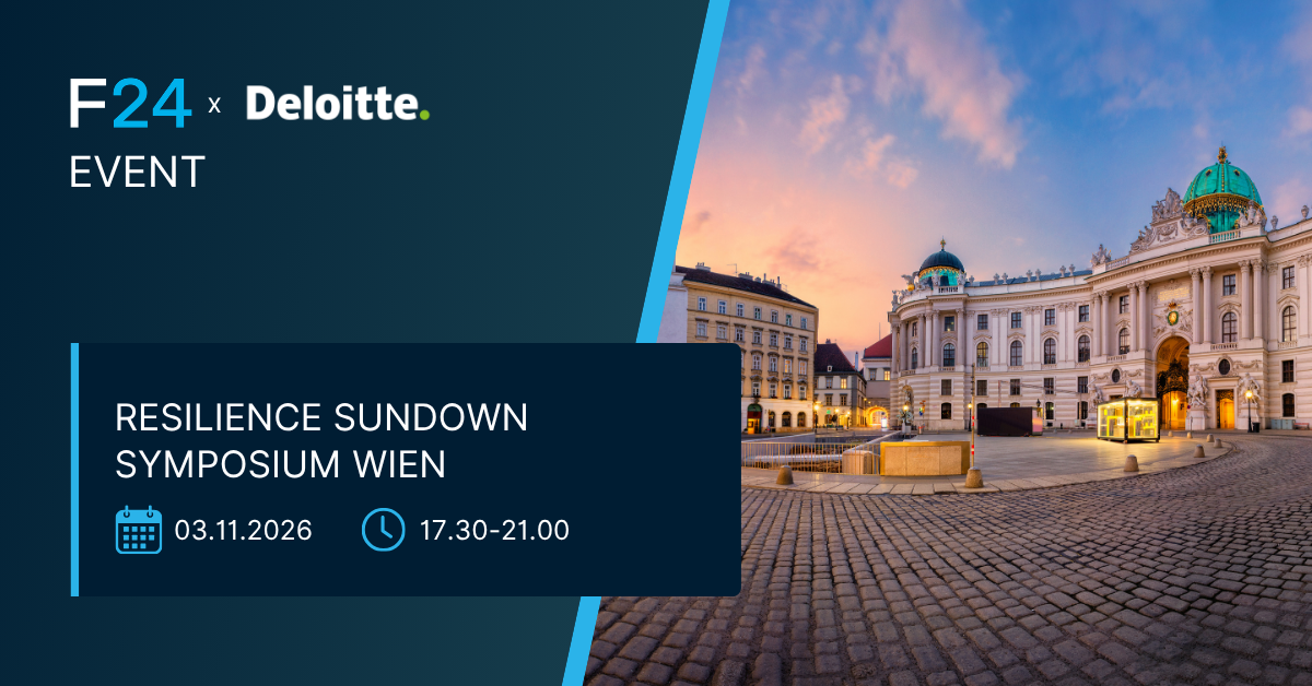 Event banner for the Resilience Sundown Symposium Wien by F24 and Deloitte, featuring Vienna’s Hofburg Palace at sunset. Join us on 03.11.2026, from 17:30–21:00, for this special evening of insights and networking.