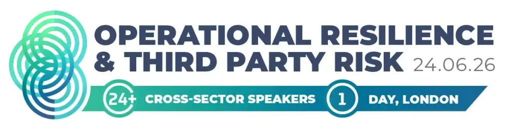 Event banner with abstract circular designs and bold text: "Operational Resilience & Third Party Risk 24.06.26". Below, icons highlight "24+ cross-sector speakers" and "1 day, London". Find F24 @ this must-attend event.