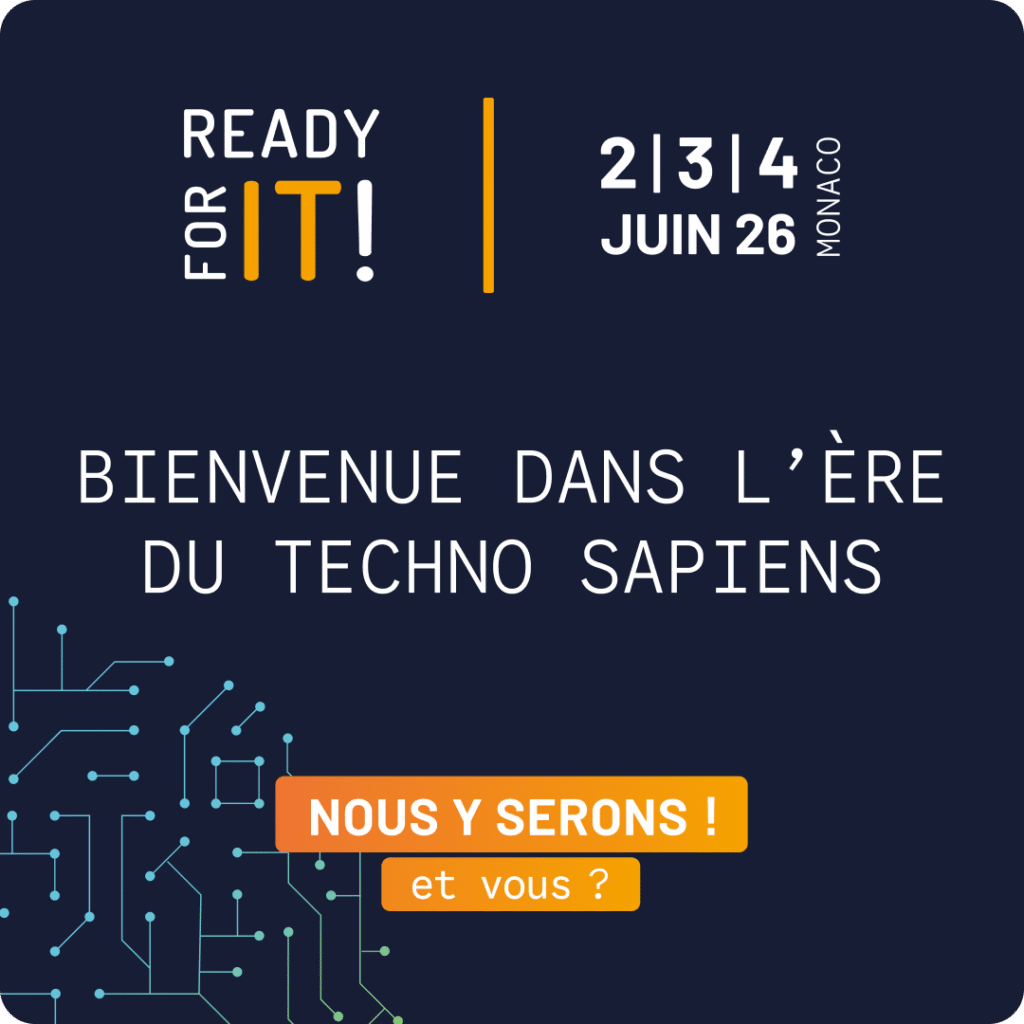Event graphic with text: "READY FOR IT! 2|3|4 Juin 26 Monaco. Retrouvez-F24 à l’ère du Techno Sapiens. NOUS Y SERONS! et vous?" Circuit pattern decorates the lower left corner.