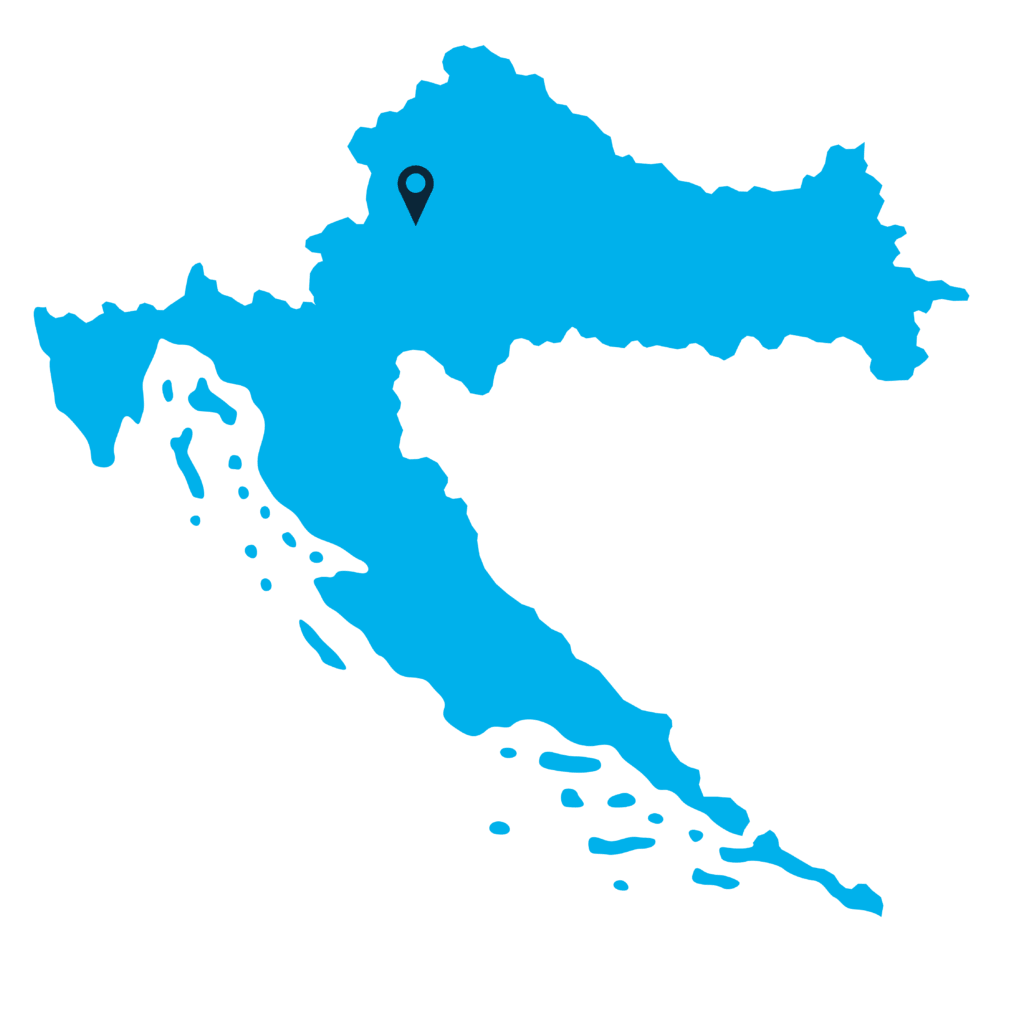 A blue map of Croatia with a location pin marking a spot near the center-north of the country, likely indicating the capital city, Zagreb. The Adriatic coastline and islands are also shown.