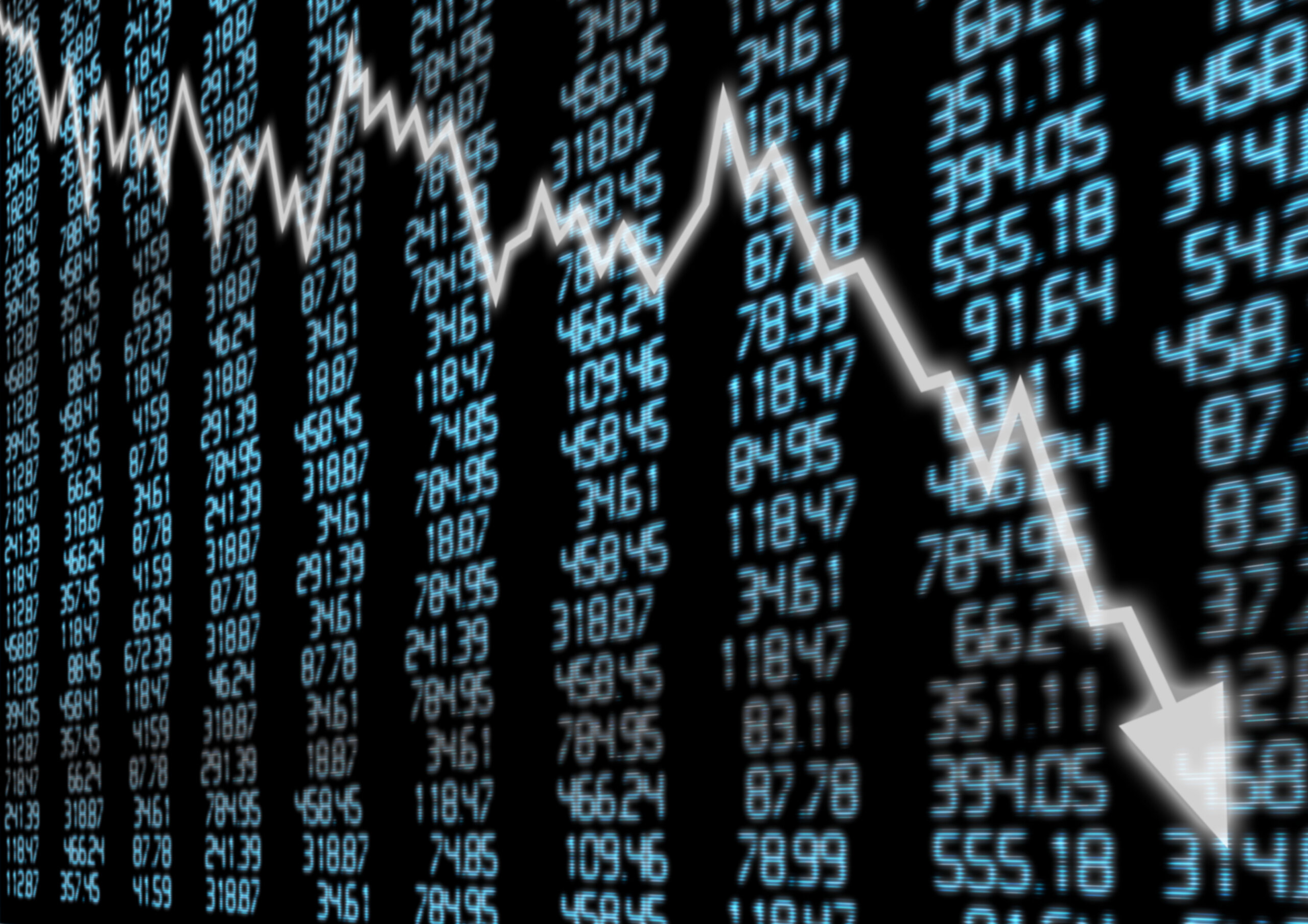 A downward-trending white arrow overlays a background of blue financial numbers, indicating a decline in stock market or financial performance.