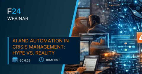 A promotional banner for the F24 ENS+ Webinar, "AI and Automation in Crisis Management: Hype vs. Reality," with Petrofac, scheduled for 30.6.26 at 10 AM BST. The image shows people working with digital screens and abstract tech graphics.
