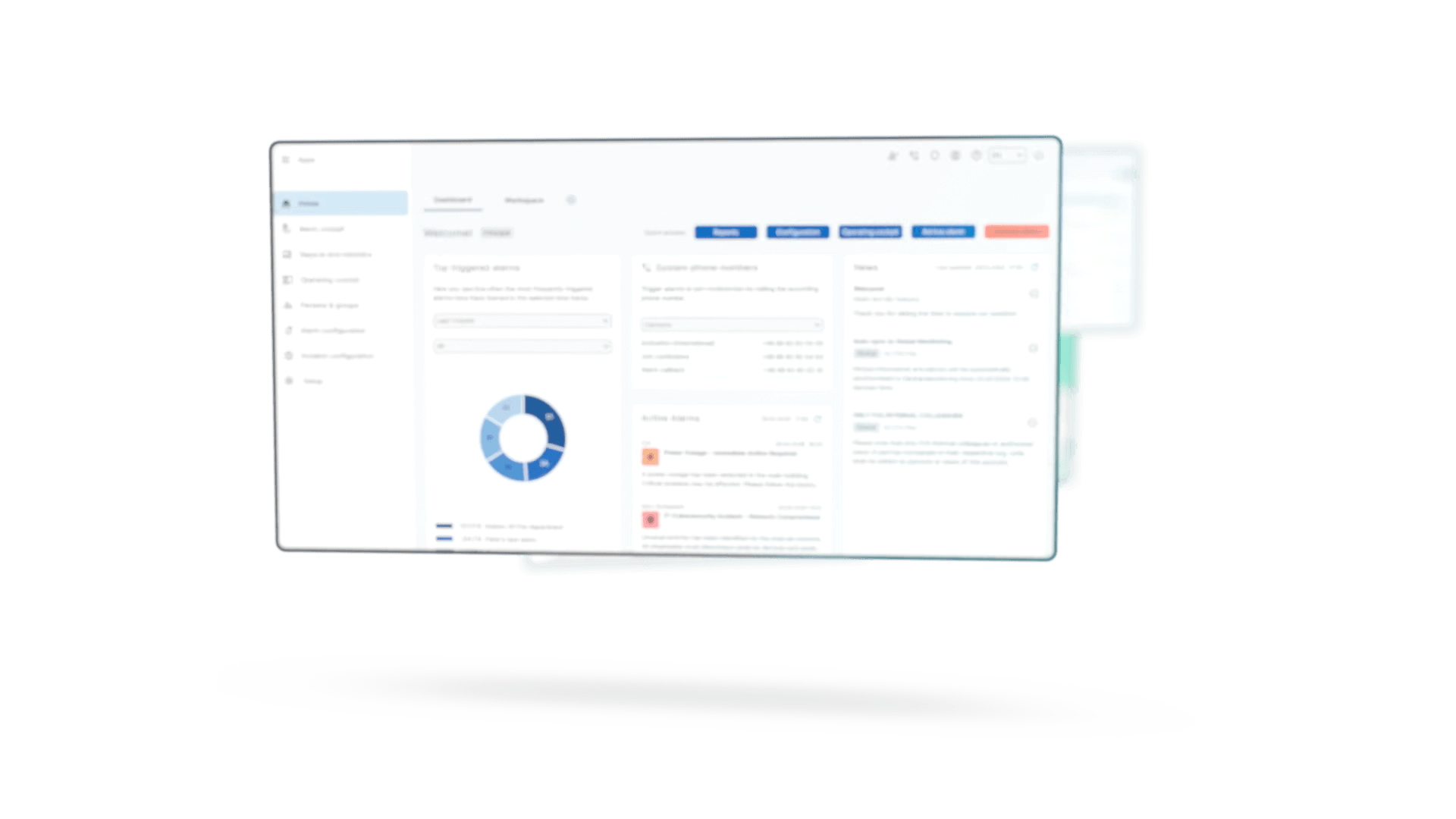 A blurry screenshot of a software dashboard with a sidebar menu, a circular chart, data tables, and tabs in blue and red colors on a white background.
