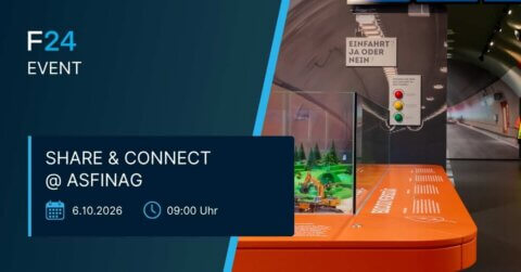 Event poster with blue and orange colors announcing "SHARE & CONNECT @ ASFINAG" on October 6, 2026, at 09:00. The background shows a road safety exhibit and a traffic light display inside a tunnel-like setting, drawing inspiration from innovative concepts such as Alarmierung und Krisenmanagement bei Porsche Leipzig.