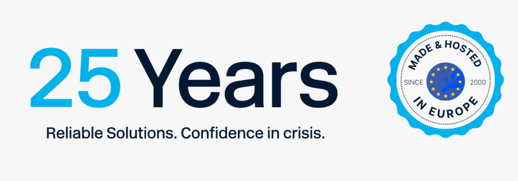 25 Years Reliable Solutions. Confidence in crisis—powered by F24 crisis management expertise and robust business communication tools. A blue badge at right reads “Made & Hosted in Europe” with stars and "Since 2000.