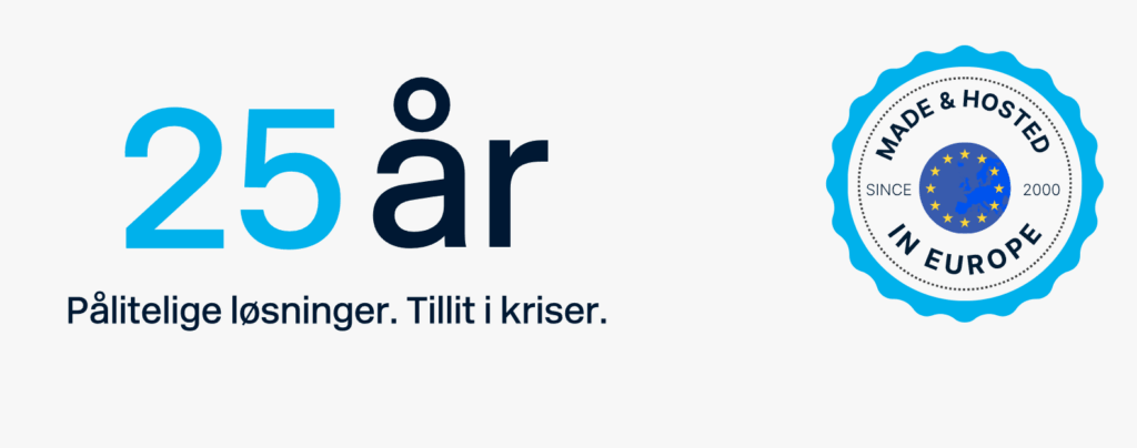 Text saying "25 år. Pålitelige F24-løsninger. Tillit i kriser." with a blue badge on the right reading "MADE & HOSTED IN EUROPE SINCE 2000" around an EU flag graphic.