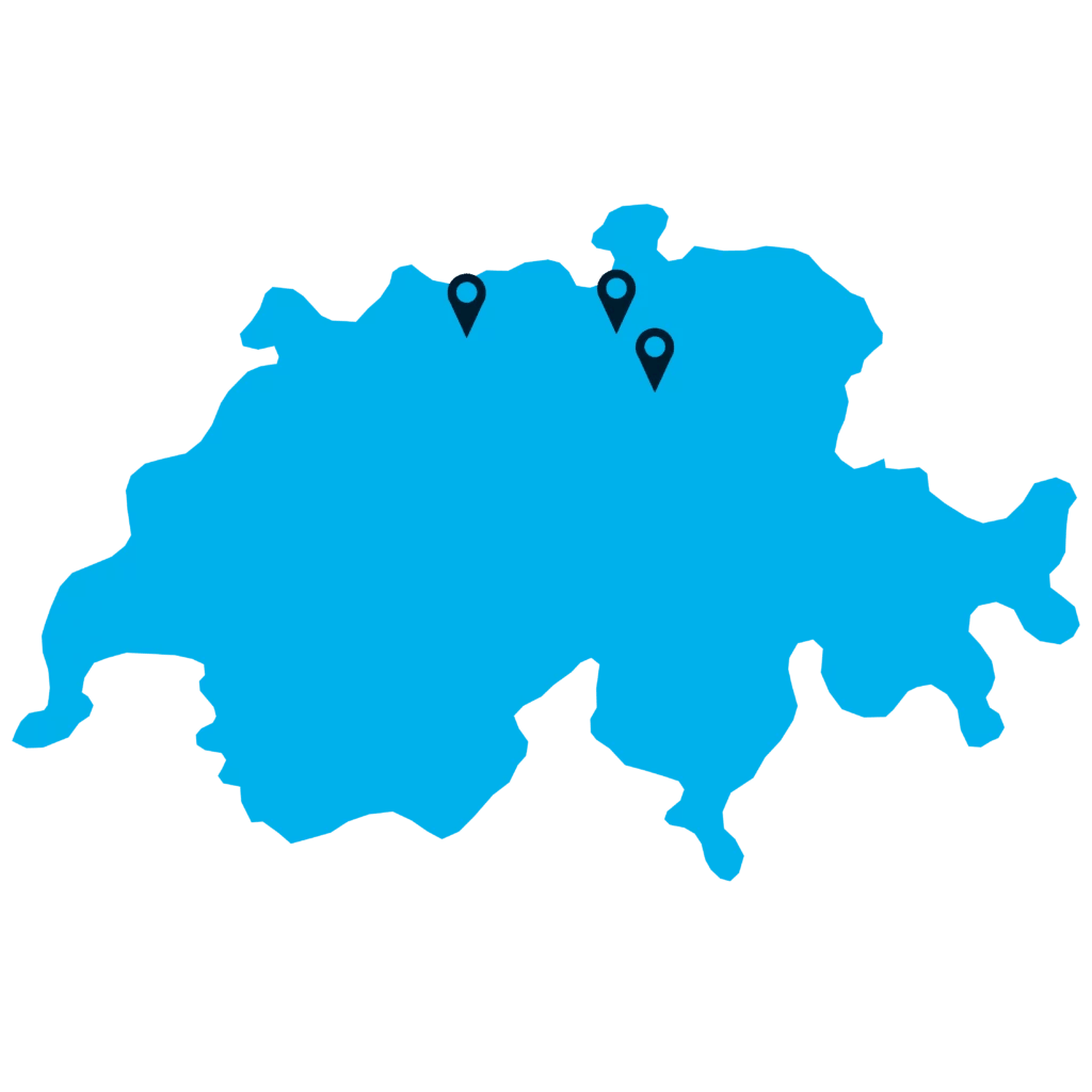 Un mapa azul simplificado de Suiza con tres marcadores de ubicación en la región norte. El fondo es de color gris claro.