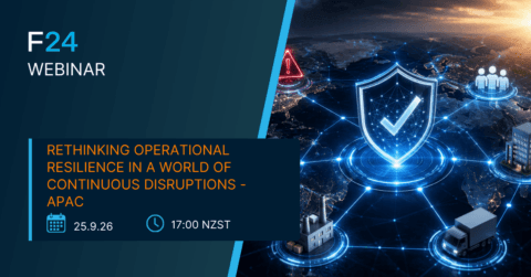 Webinar banner with shield graphic and icons representing security, technology, and business.
