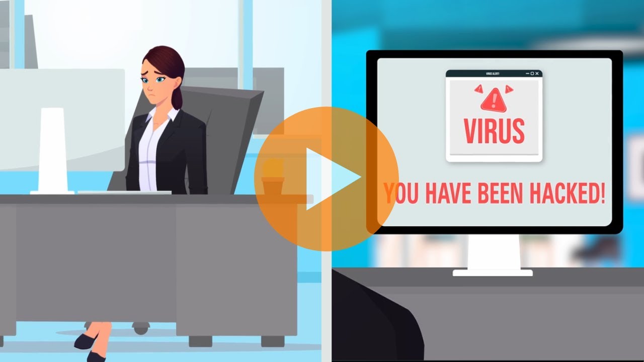 A woman in business attire sits at a desk with a computer. Next to her, a screen displays a virus alert message saying, “YOU HAVE BEEN HACKED!” with a warning symbol.