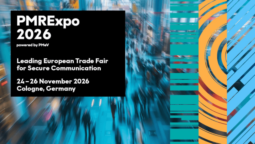 PMRExpo 2026 trade fair announcement for secure communication, held from 24-26 November 2026 in Cologne, Germany. Abstract blue and orange graphic with blurred crowd in the background.