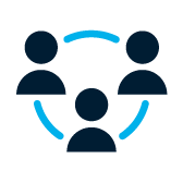 Icon showing three stylized people connected by blue curved lines, forming a circle, symbolizing teamwork or collaboration.