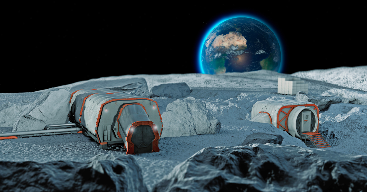 Two futuristic habitats sit on a rocky lunar surface with Earth visible in the black sky above. The shelters, featuring red accents and surrounded by large gray boulders, evoke the spirit of a Bootcamp Krisenmanagement—built to withstand extreme conditions and equip inhabitants with essential survival skills.