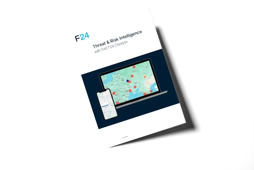 A booklet titled “F24 Threat & Risk Intelligence with FACT24 CrediBIk” featuring a laptop and phone displaying a digital map with red markers.