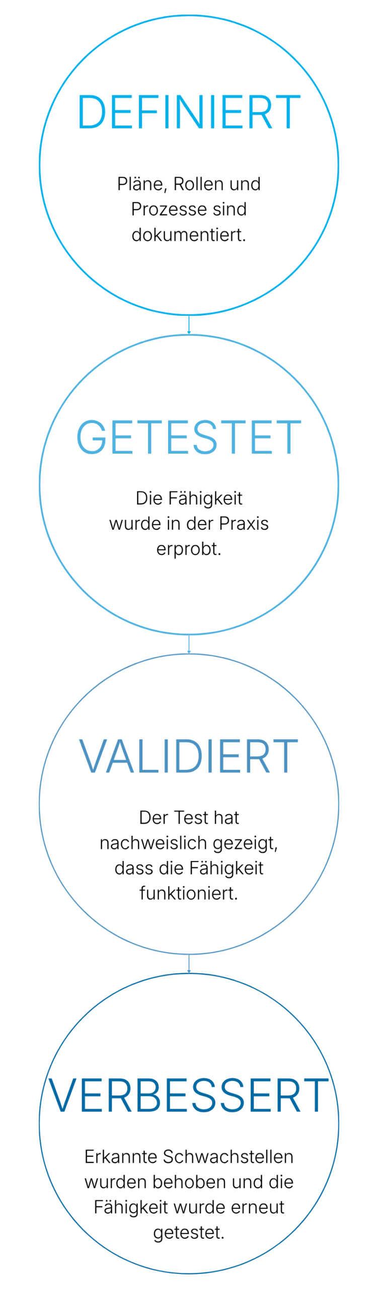 A vertical flowchart with four blue-bordered circles labeled: Definiert, Getestet, Validiert, Verbessert. Each circle contains brief German descriptions about process improvement steps.