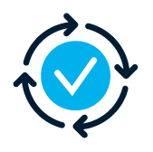 Blue check mark inside a blue circle, with four black arrows forming a circular loop around it, representing verification or process completion.