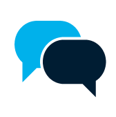 Two overlapping speech bubbles, one light blue and one dark blue, on a light gray background.
