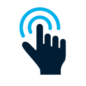 A black hand icon with the index finger extended and blue concentric circles above it, indicating a touch or tap action on a light gray background.
