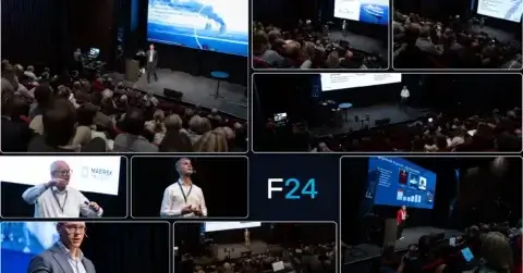 A collage of conference scenes shows speakers presenting to an audience in a theater, with slides—such as “Webinar: CIM som verktøy for damsikkerhet”—displayed on large screens and attendees seated, listening attentively.