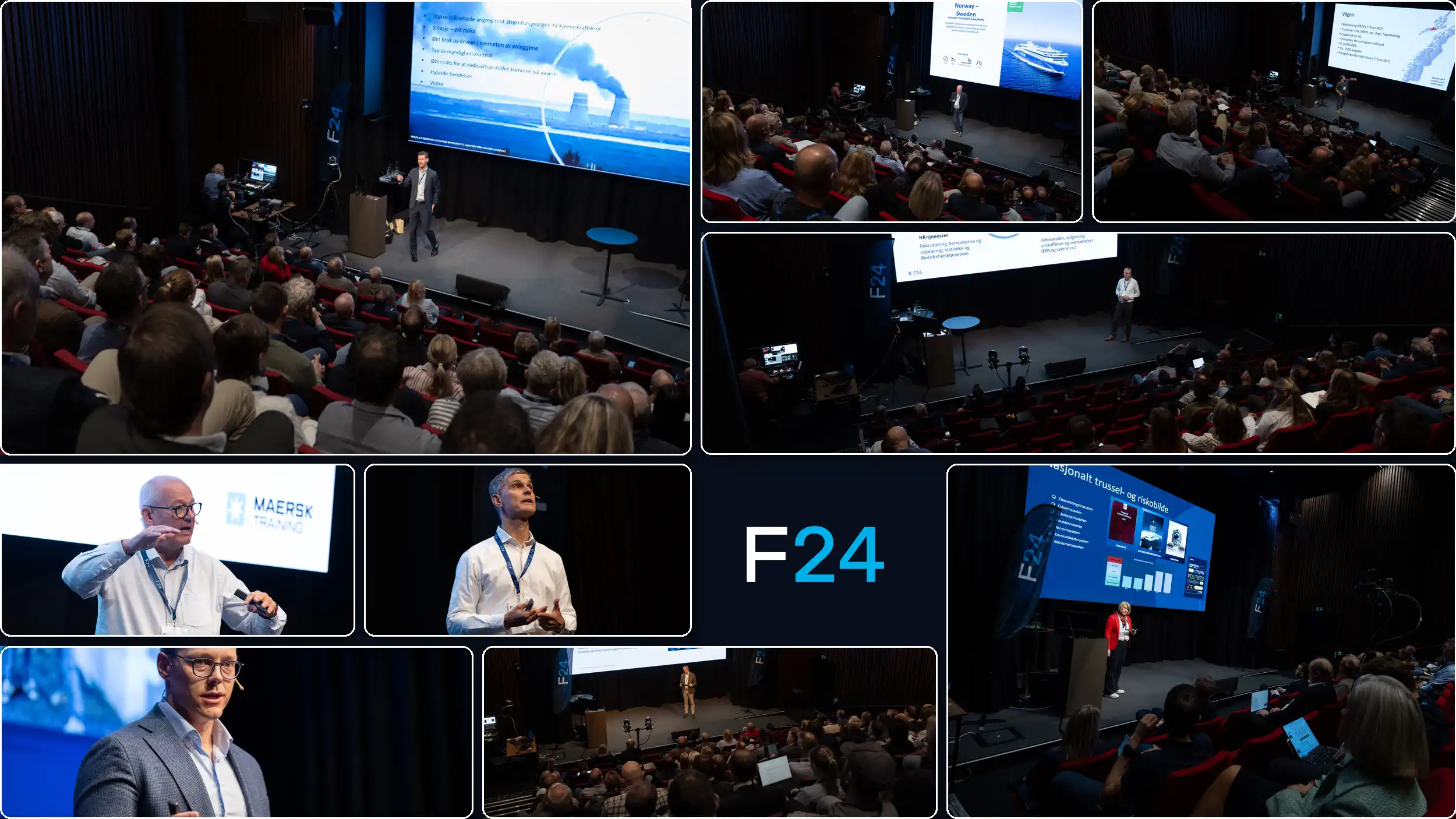 A collage of conference scenes shows speakers presenting to an audience in a theater, with slides—such as “Webinar: CIM som verktøy for damsikkerhet”—displayed on large screens and attendees seated, listening attentively.