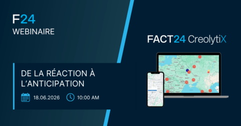 Webinar announcement image for “F24” featuring the theme “De la réaction à l’anticipation,” with the date 18.06.2026, time 10:00 AM, and a map displayed on both a phone and laptop screen.