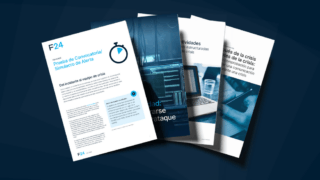 Four overlapping brochures on crisis management and cybersecurity, featuring text, images of a stopwatch, computer screen with code, and people using laptops—all displayed on a dark blue background—highlighting F24 Comunicación empresarial de gestión de crisis for effective organizational response.