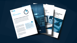 Four overlapping documents on a dark blue background; the top page features a clock icon, blue text, and a graphic reflecting F24 Communication d’entreprise pour la gestion des crises, while the other pages show blurred text and images of a keyboard, screen, and a laptop.