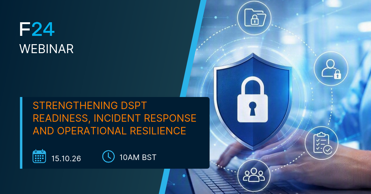 A digital graphic for the DSPT readiness webinar, titled “Strengthening DSPT readiness, incident response, and operational resilience,” scheduled for 15.10.26 at 10AM BST, features a lock icon and security-related symbols.