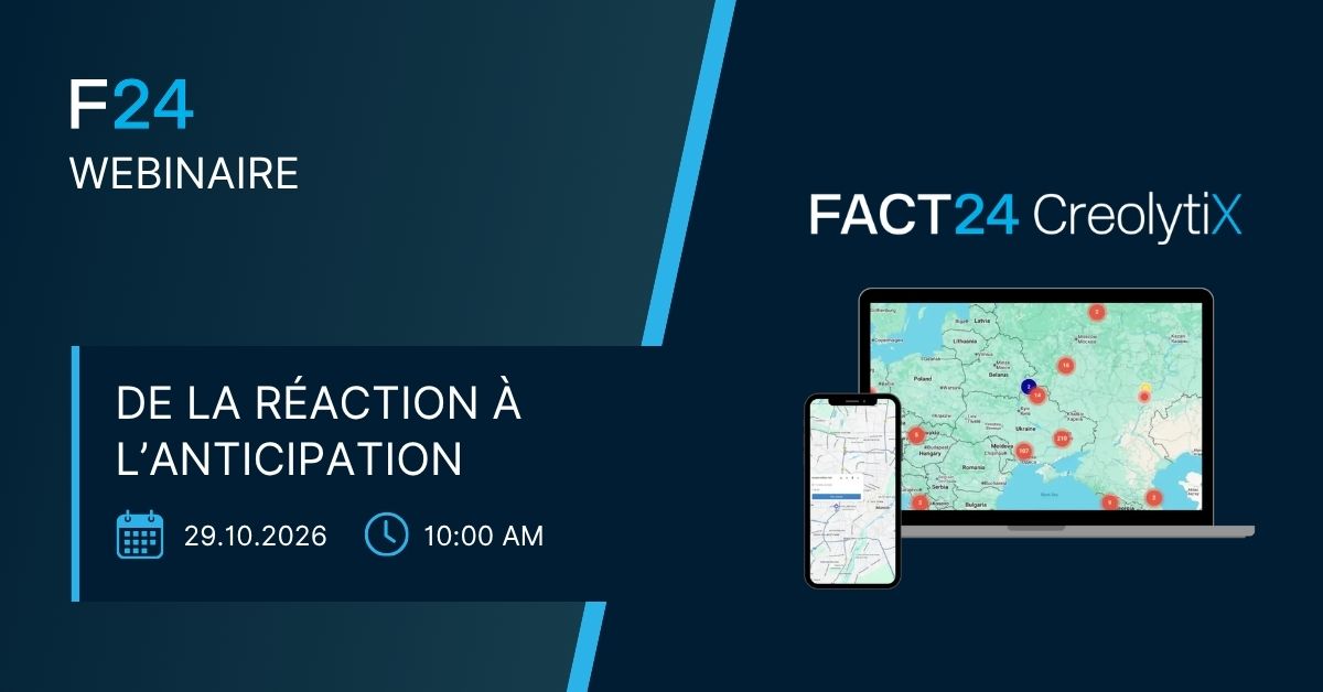 Webinar announcement image for “F24” featuring the theme “De la réaction à l’anticipation,” with the date 29.10.2026, time 10:00 AM, and a map displayed on both a phone and laptop screen.