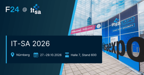 Large it-sa 2026 event banner with dates, location (Nürnberg), and stand info (Hall 7, Stand 600) beside a modern glass building with prominent “itsa expo congress” signage.