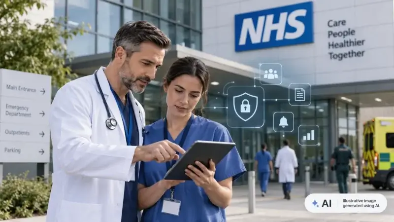 Healthcare professionals using a tablet outside an NHS hospital, representing digital incident response and operational resilience.