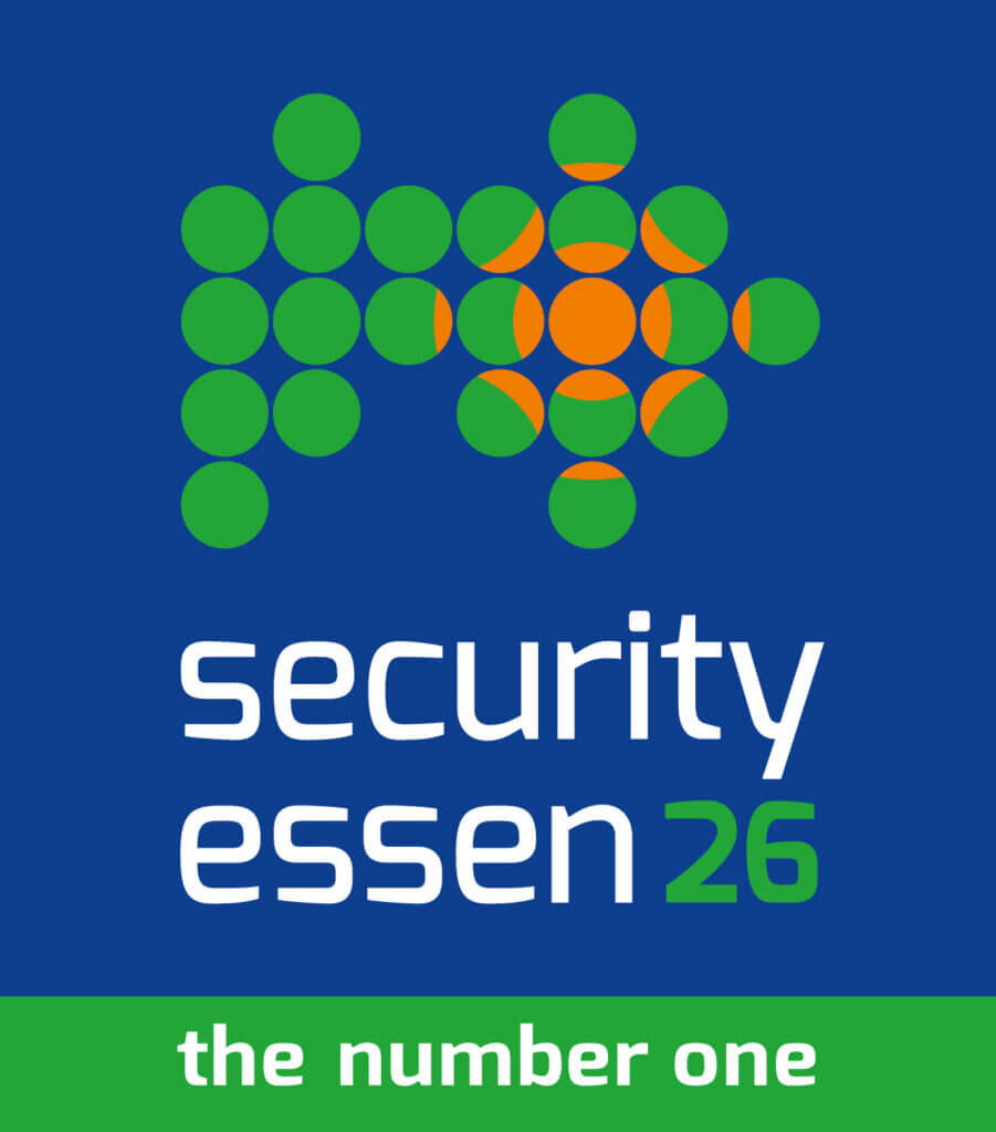 Logo for “security essen 26” featuring green and orange dots forming a pattern on a blue background, with “the number one” written at the bottom on a green strip—designed in a bold style reminiscent of PMRExpo branding.
