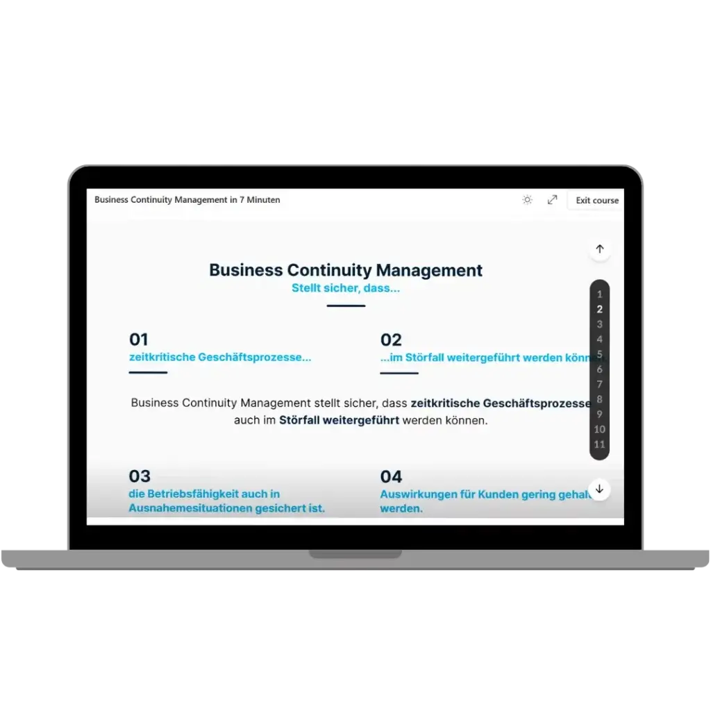 Ein Laptop-Bildschirm, auf dem eine Präsentation zum Thema „Business Continuity Management“ mit vier Punkten zur operativen Widerstandsfähigkeit zu sehen ist, die unsere Beratung und Schulungen im Bereich Krisenmanagement widerspiegeln.