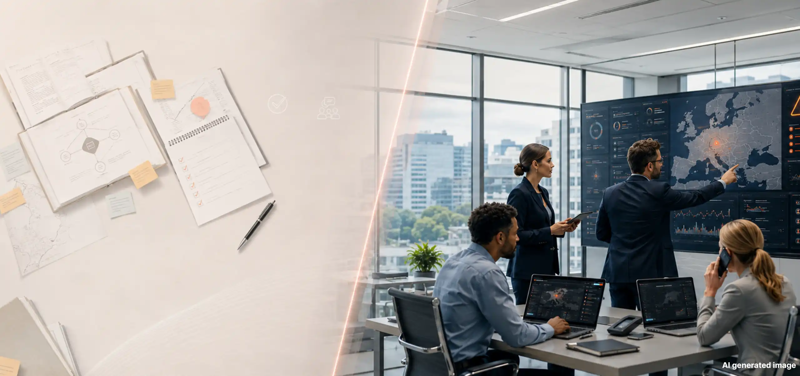 A professional team collaborating on krisehåndtering in a modern office, with some working on laptops at a table and others reviewing a digital map on a large screen.